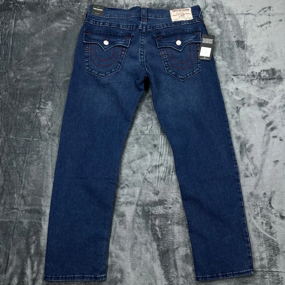 NWT True‎ Religion Dark Blue Red Stitch 34X30 Geno Relaxed Big T Flap $204 new